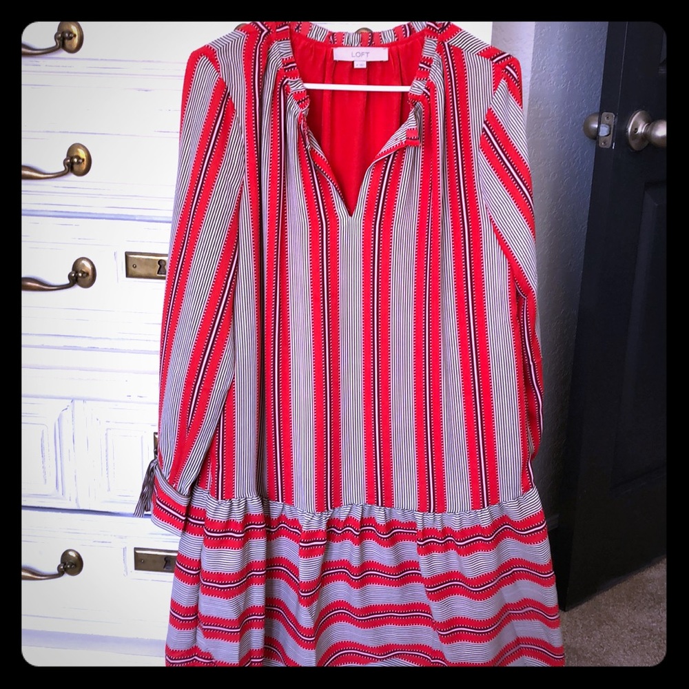 LOFT Red and White Striped Long Sleeve Dress
